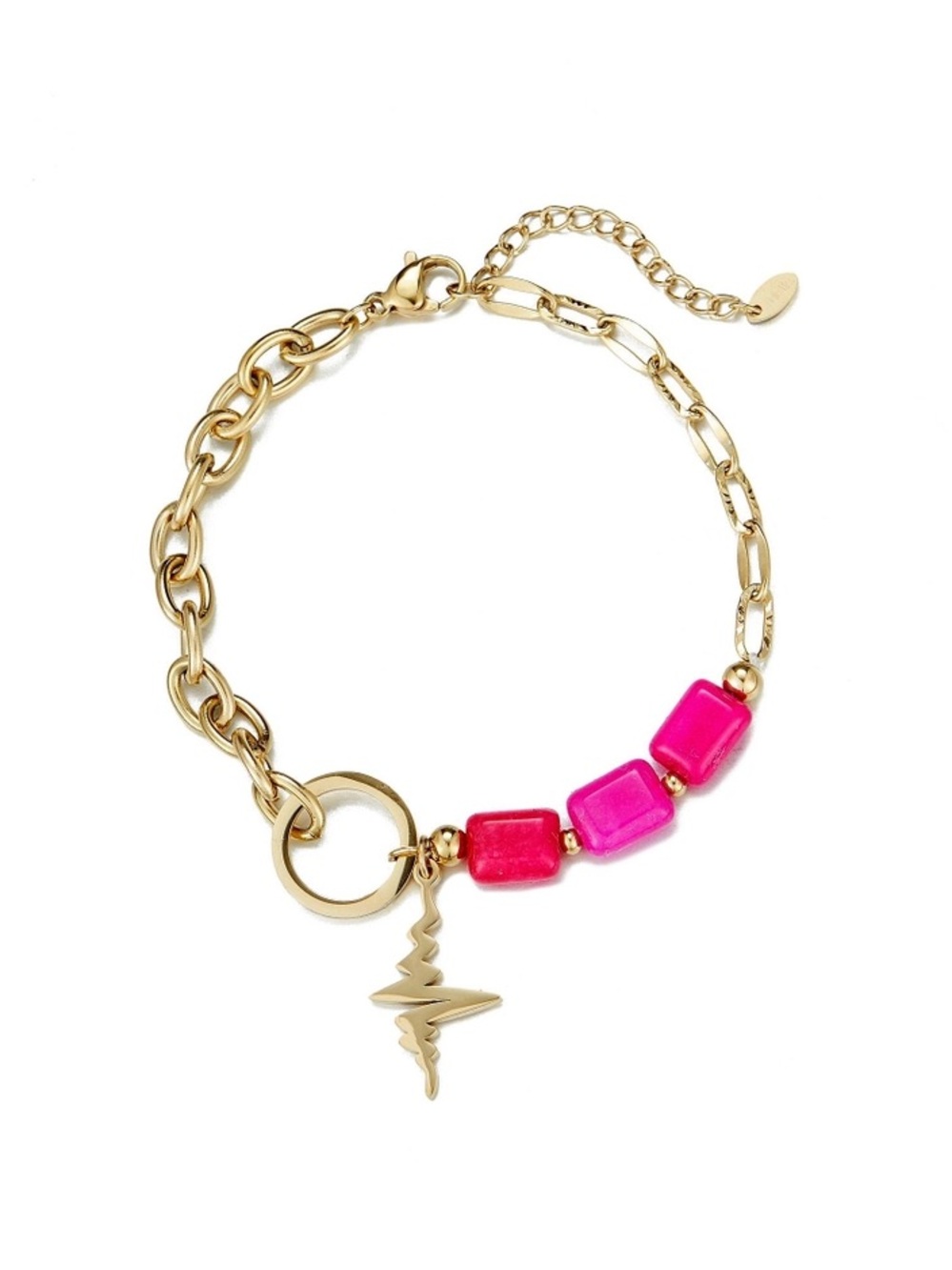 Gold Chain Bracelet with Hot Pink Beads and Lightning Charm